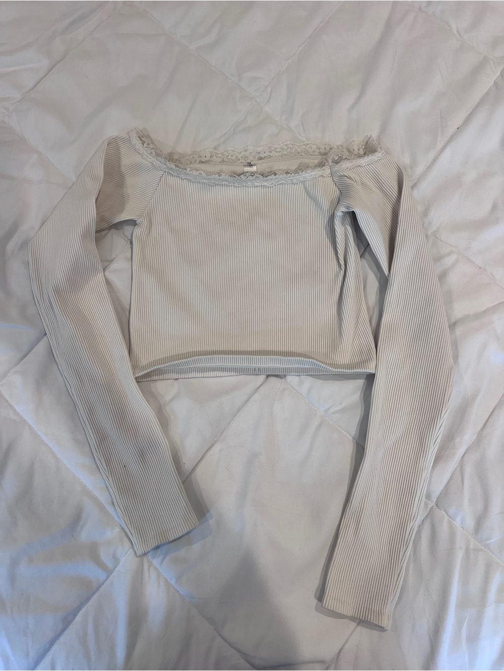Urban Outfitters Cream Lace-Trim Off-Shoulder Ribbed Sweater